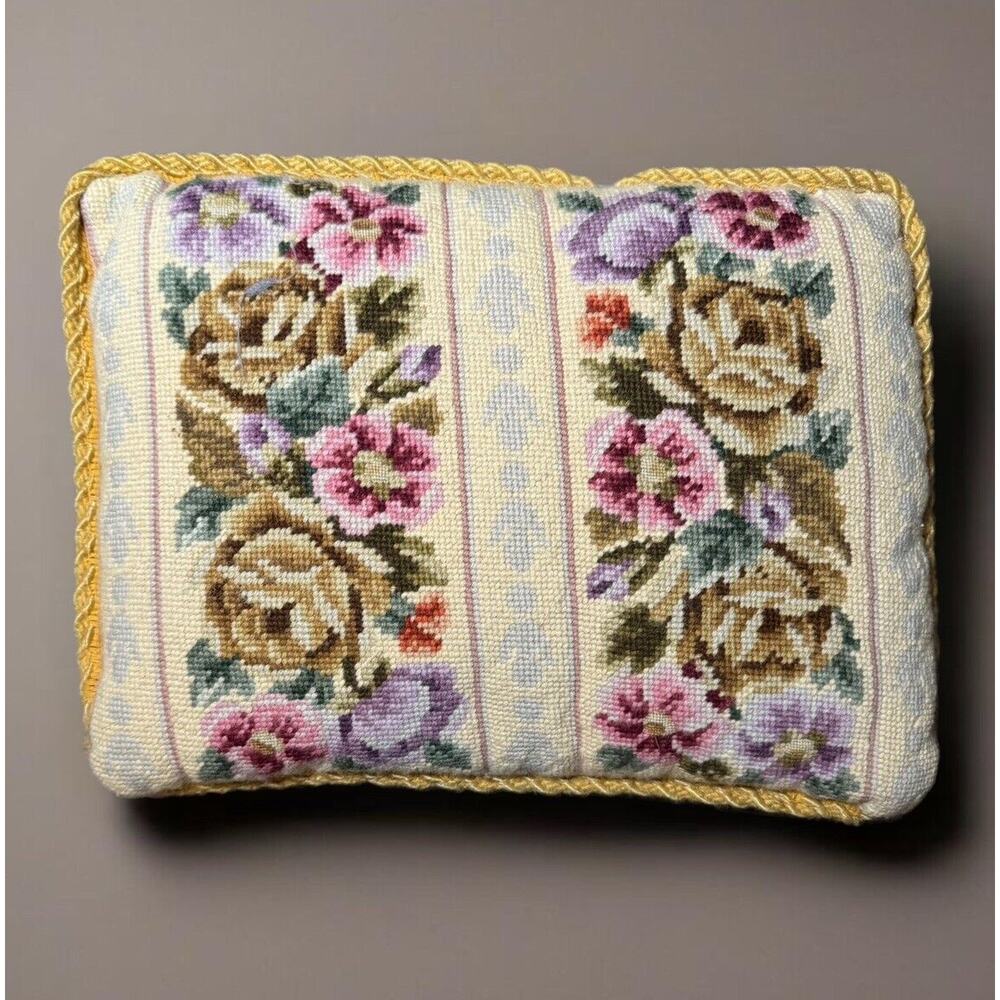 Vintage Wool Needlepoint Floral Colorful Pillow Grannycore Cottagecore